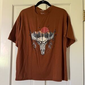 Shein Women’s Oversized T-Shirt Size Small Burnt Orange Southwestern Cow Skull